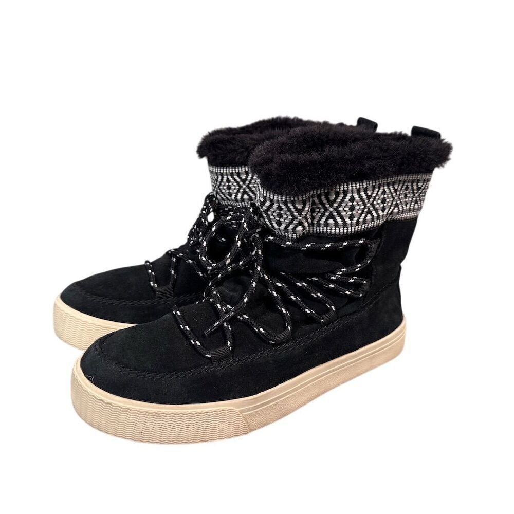 TOMS Women's Alpine Black Winter Faux Fur Lined Boots Size 6.5 Aztec Pattern